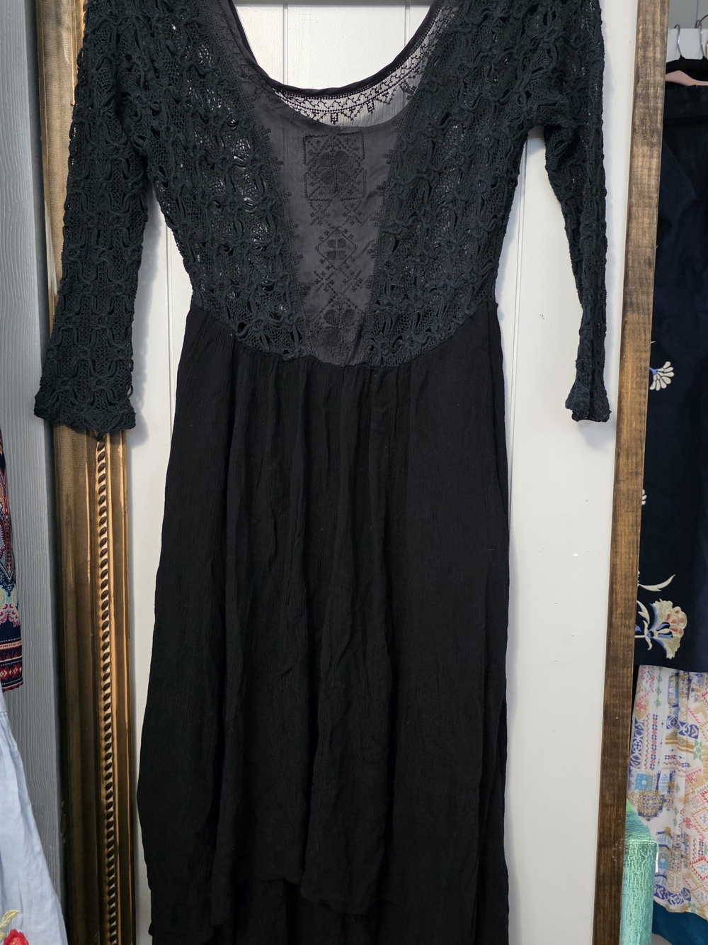 Free People Black Sheer Lace-Top Long Sleeve Maxi Dress